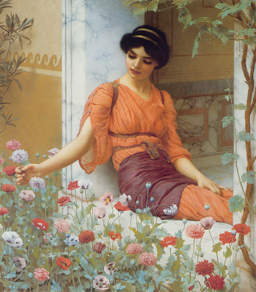 Una joven sentada observa un grupo de flores en el jardín