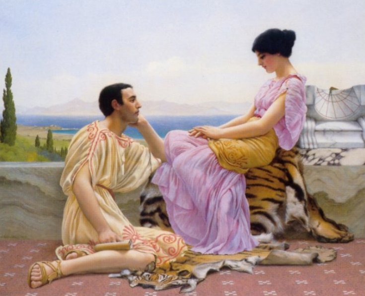 Dos jóvenes enamorados conversan en una terraza, él se sienta a los pies de ella