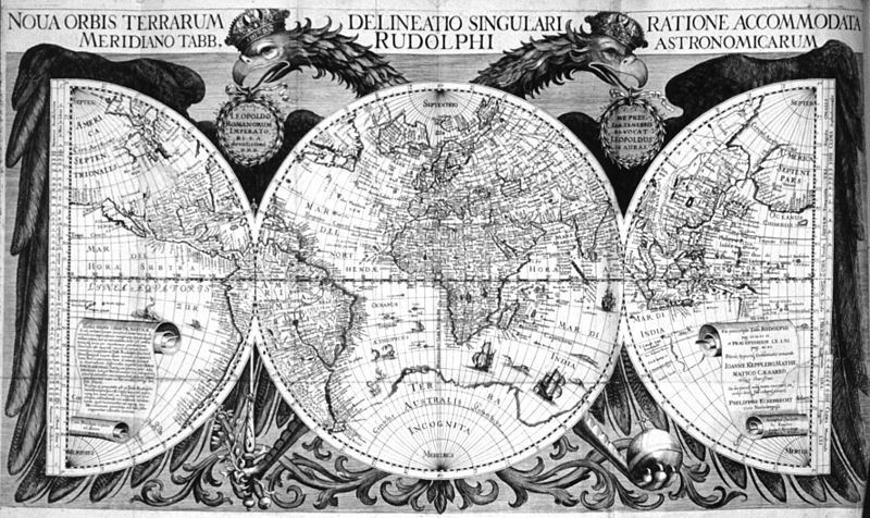 España situada en el centro de un antiguo mapamundi de 1627 (Johannes Kepler)