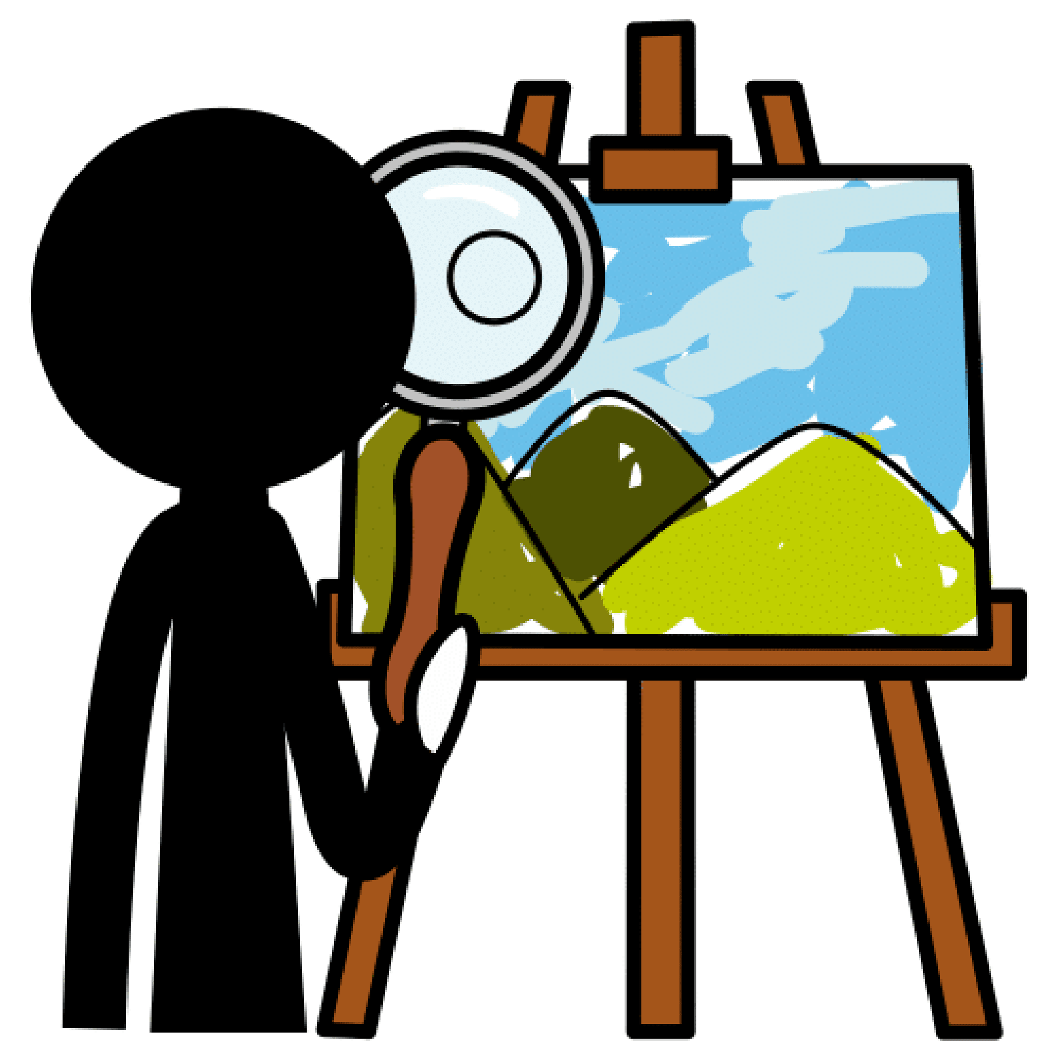 Persona de espaldas con lupa en la mano derecha analiza un cuadro en un caballete, en el que hay dibujado un cielo azul con montañas.