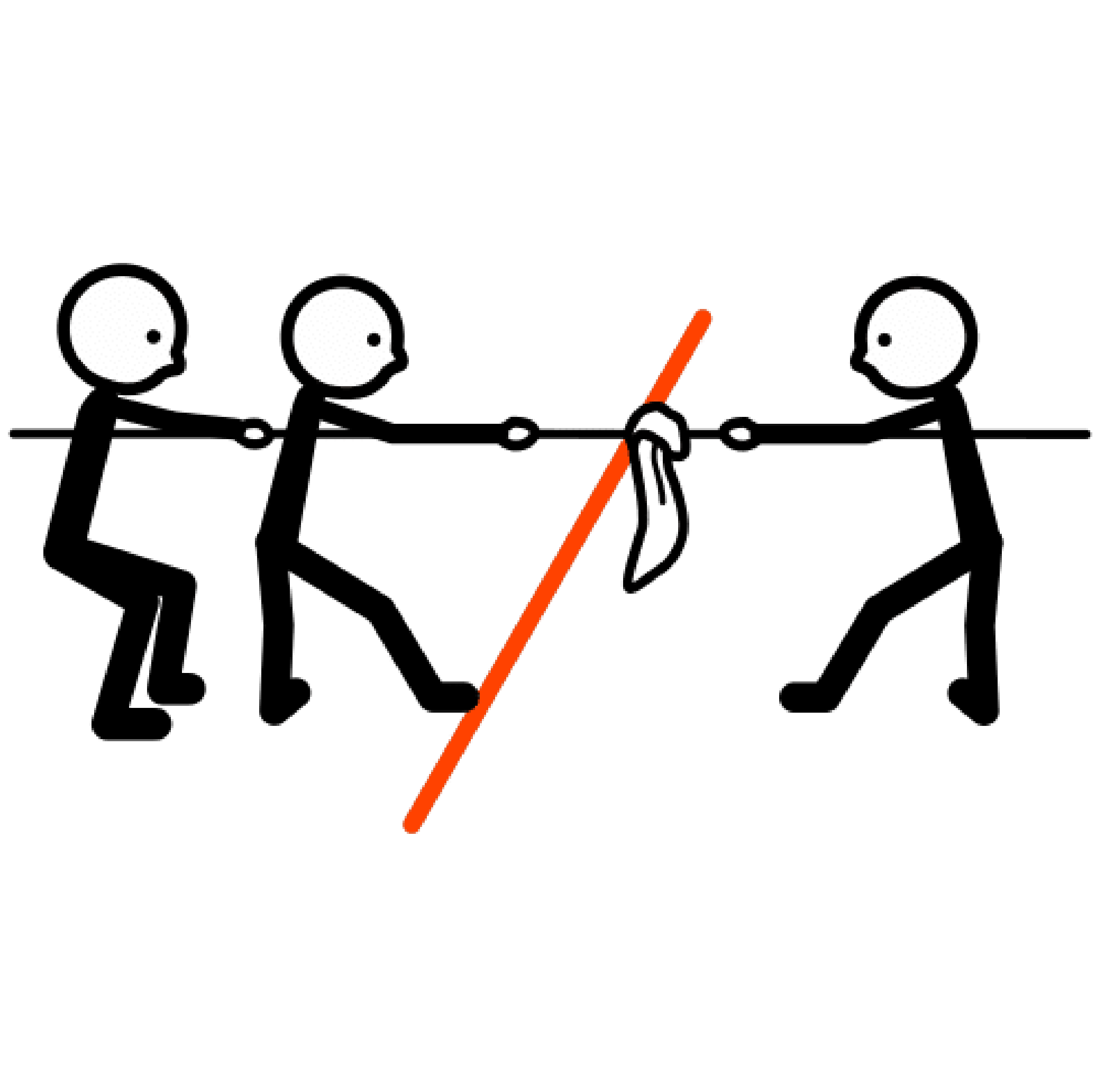 Una línea roja separa a tres personas ,dos a la izquierda y una a la derecha, mientras tiran de una cuerda con un pañuelo atado en el centro.