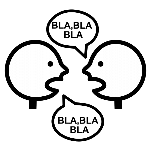 Dos cabezas de perfil mirándose. De la derecha,con la boca abierta, sale un bocadillo de diálogo que dice BLA,BLA,BLA.