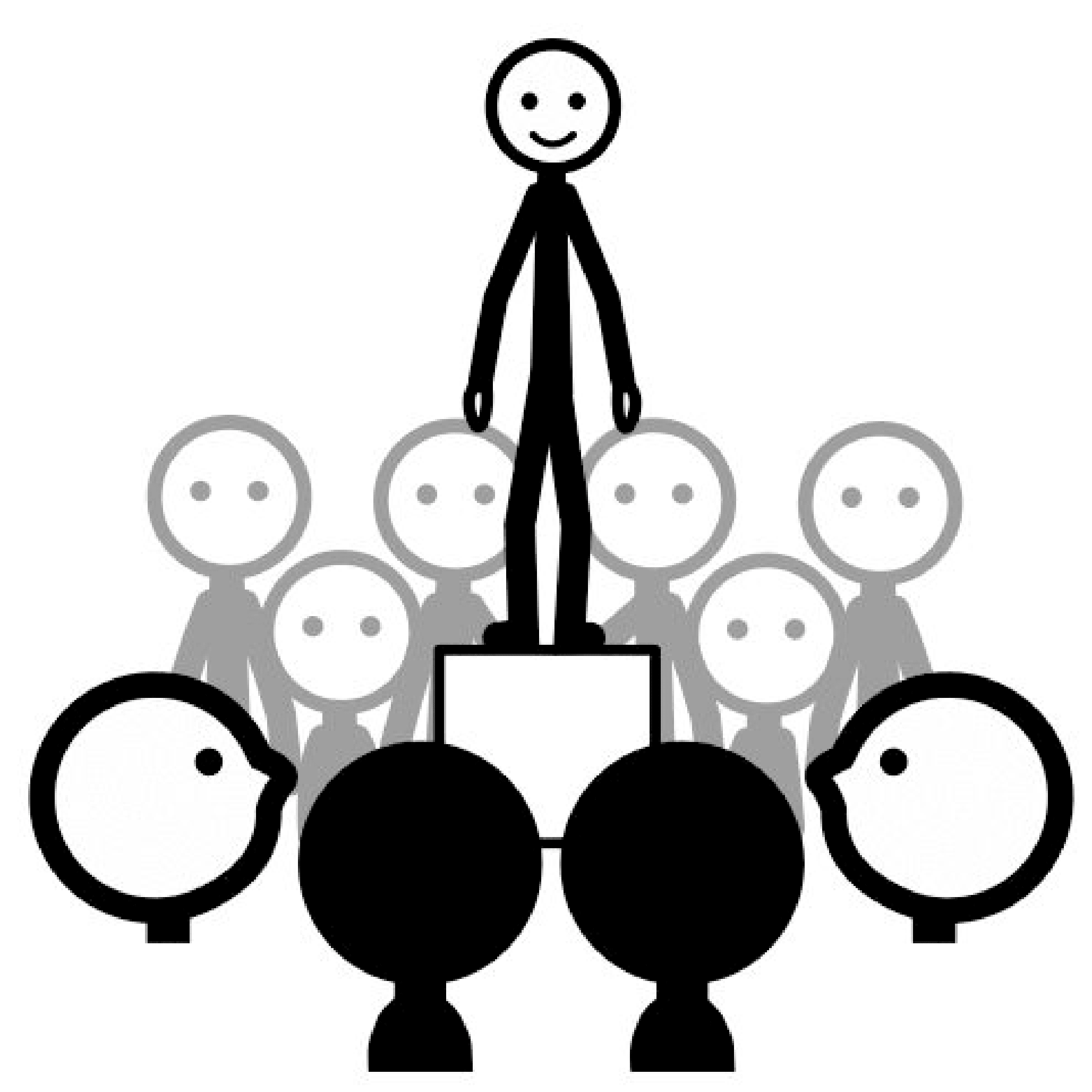 Una persona en el centro sonríe sobre un pedestal mientras alrededor, en círculo, diez personas la miran.