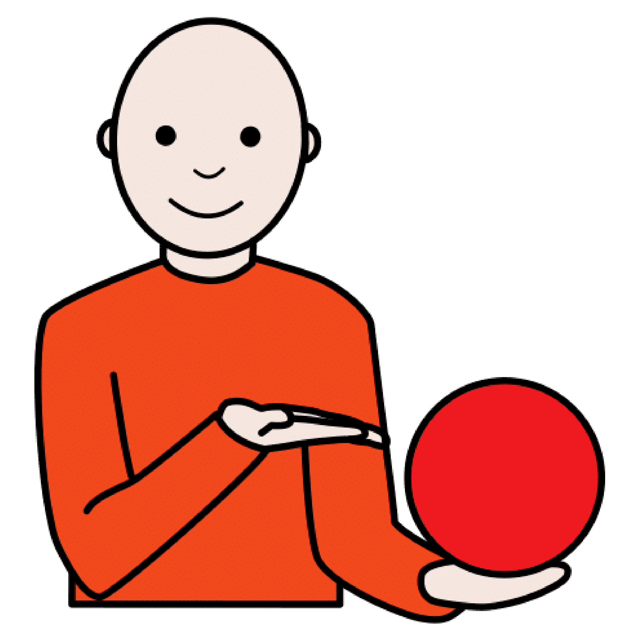 Persona de frente con jersey naranja que sostiene en su mano izquierda una pelota roja. La mano derecha muestra la pelota roja.