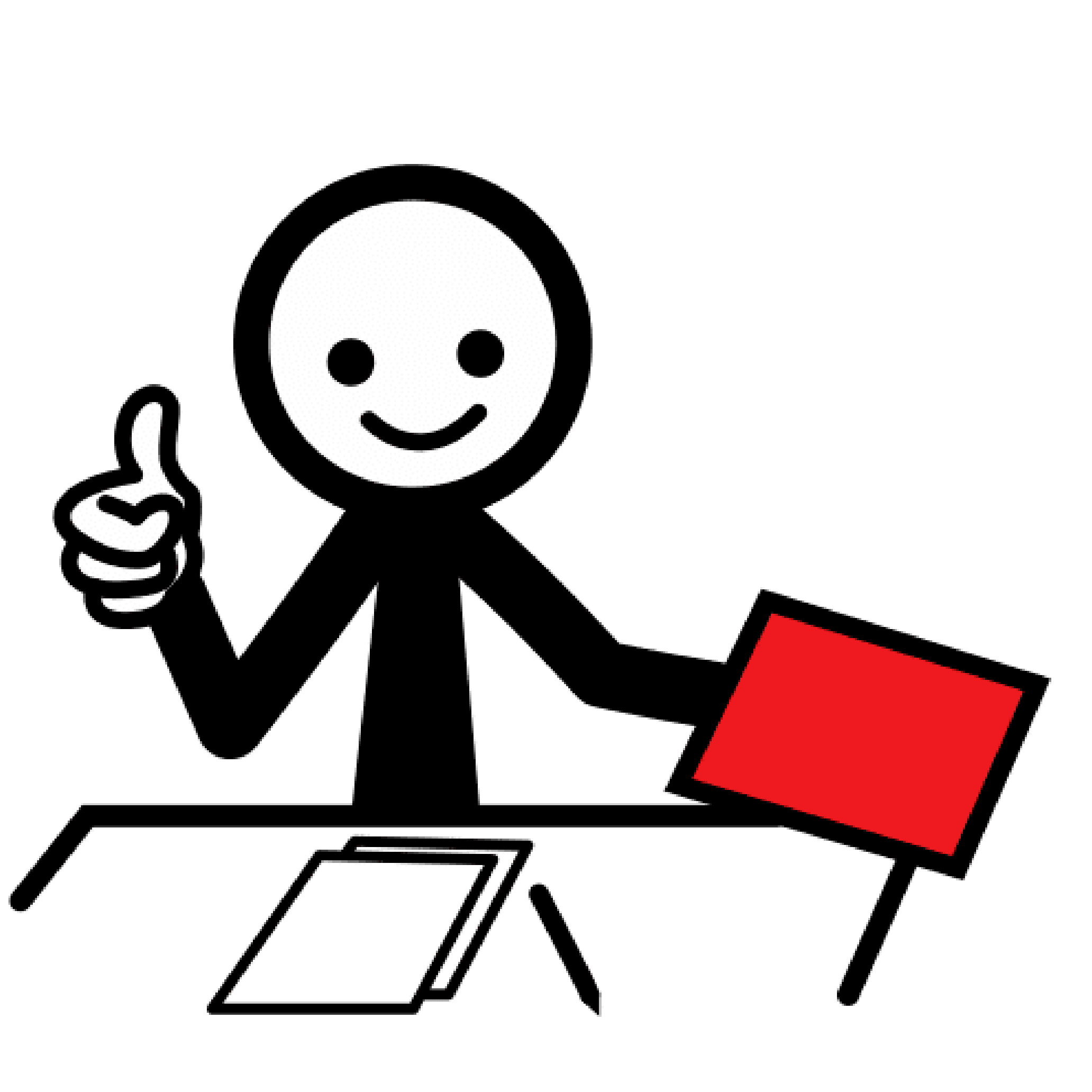 Persona de frente sentada tras un escritorio en el que hay 2 hojas en blanco y un bolígrafo. Con su mano derecha alza el pulgar en señal de OK y en la izquierda sostiene un papel rojo.