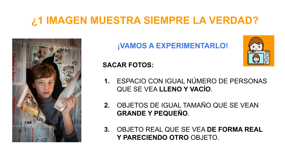 Imagen con resumen de pasos para realizar la actividad grupal. En ella se ve una imagen de un niño que sale entre periódicos rotos preguntándose ¿una imagen muestra siempre la verdad?