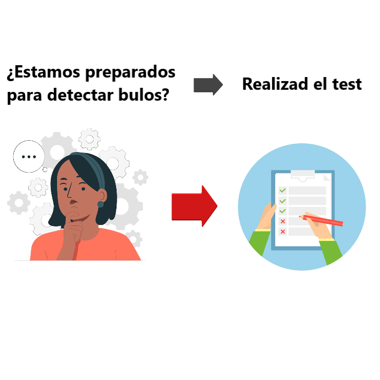 Imagen de una persona pensando si está preparada para detectar bulos y una flecha hacia la derecha que indica que realice un test para comprobarlo.