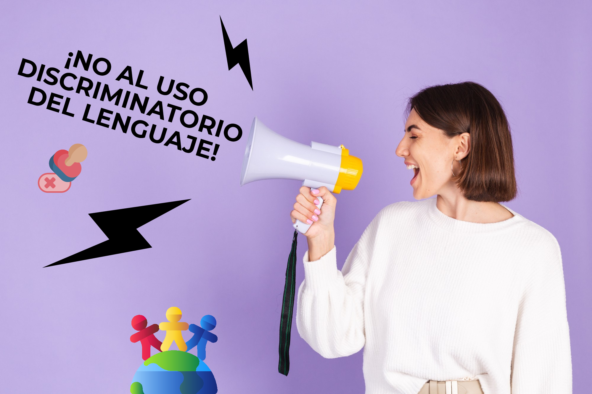 Persona con megáfono en la mano gritando: ¡no al uso discriminatorio del lenguaje! 
