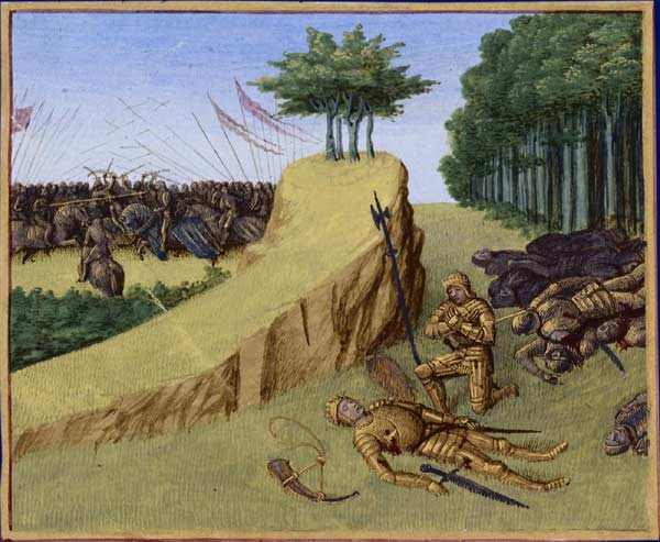 Muerte de Rolando durante la batalla de Roncesvalles, según una miniatura medieval. 