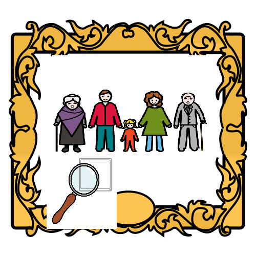 La imagen muestra una fotografía enmarcada de familia y una lupa sobre ella