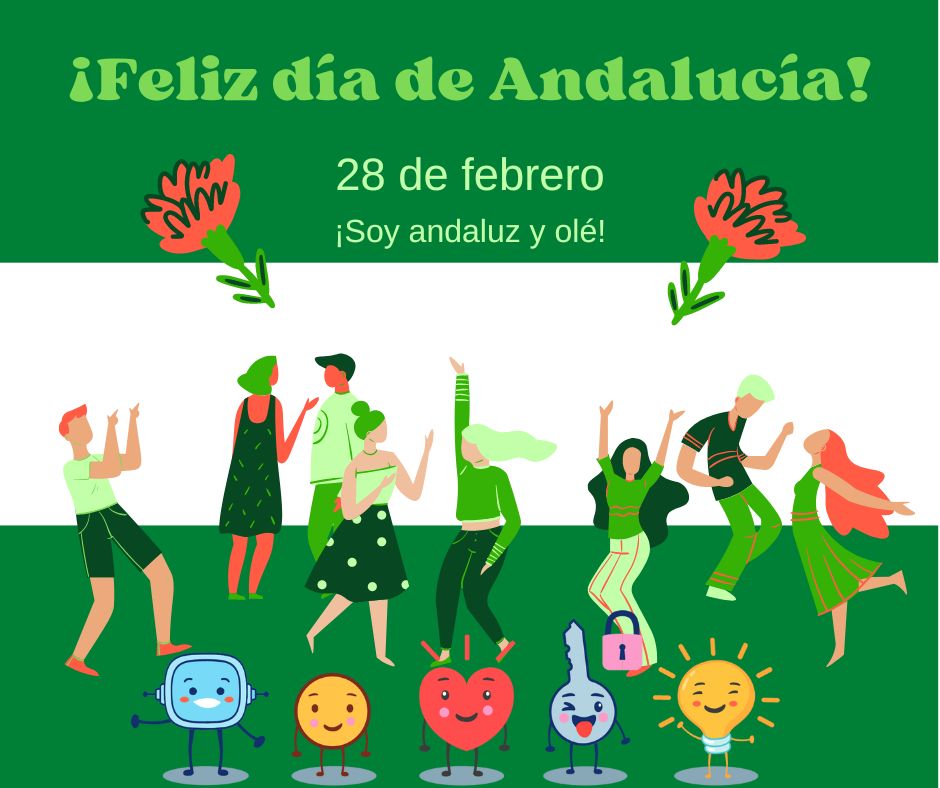 La imagen muestra un cartel del 28 febrero,Día de Andalucía con los personajes del proyecto REA