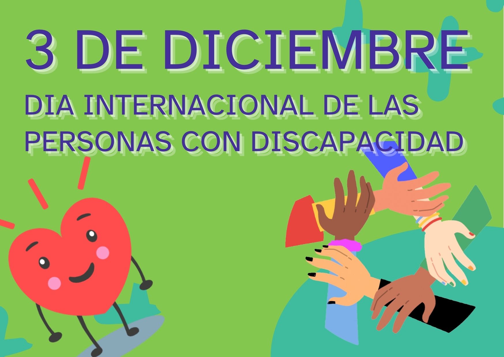 La imagen muestra un cartel del 3 de diciembre Día internacional de las personas con discapacidad con Kardia y una familia con un niño en silla de ruedas