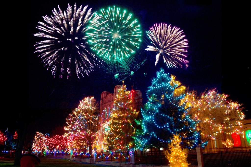 La imagen muestra una calle con varios árboles decorados con luces y fuegos artificiales en el cielo