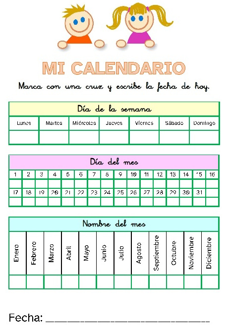 La imagen muestra la imagen de un niño y una niña, y tres tablas para rellenar el día de la semana, el día del mes y el mes del año