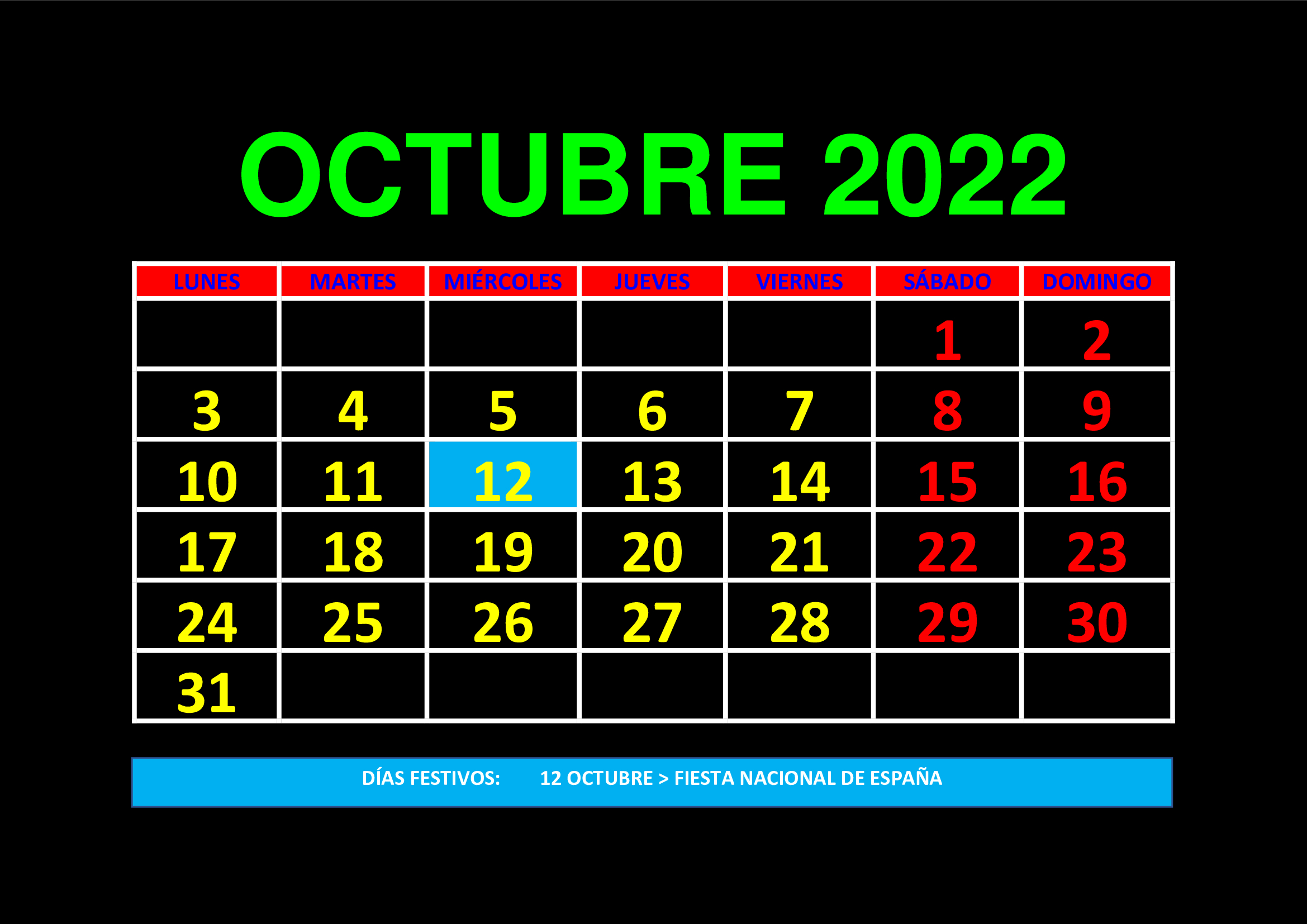 La imagen muestra el mes de octubre de 2022