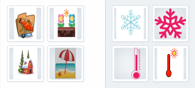 La imagen muestra los iconos de temperatura, frio, playa, lluvia y unas flores