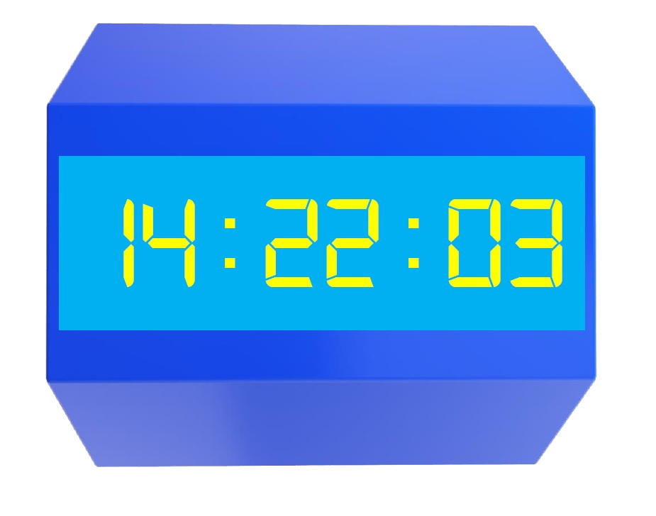 La imagen muestra un reloj digital azul con las cifras de color amarillo. Marca las 14 horas, 22 minutos y 3 segundos
