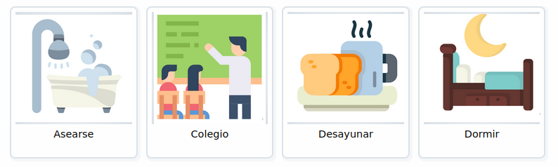 La imagen muestra una serie de iconos que representan las tareas de desayunar, asearse, ir al colegio y dormir