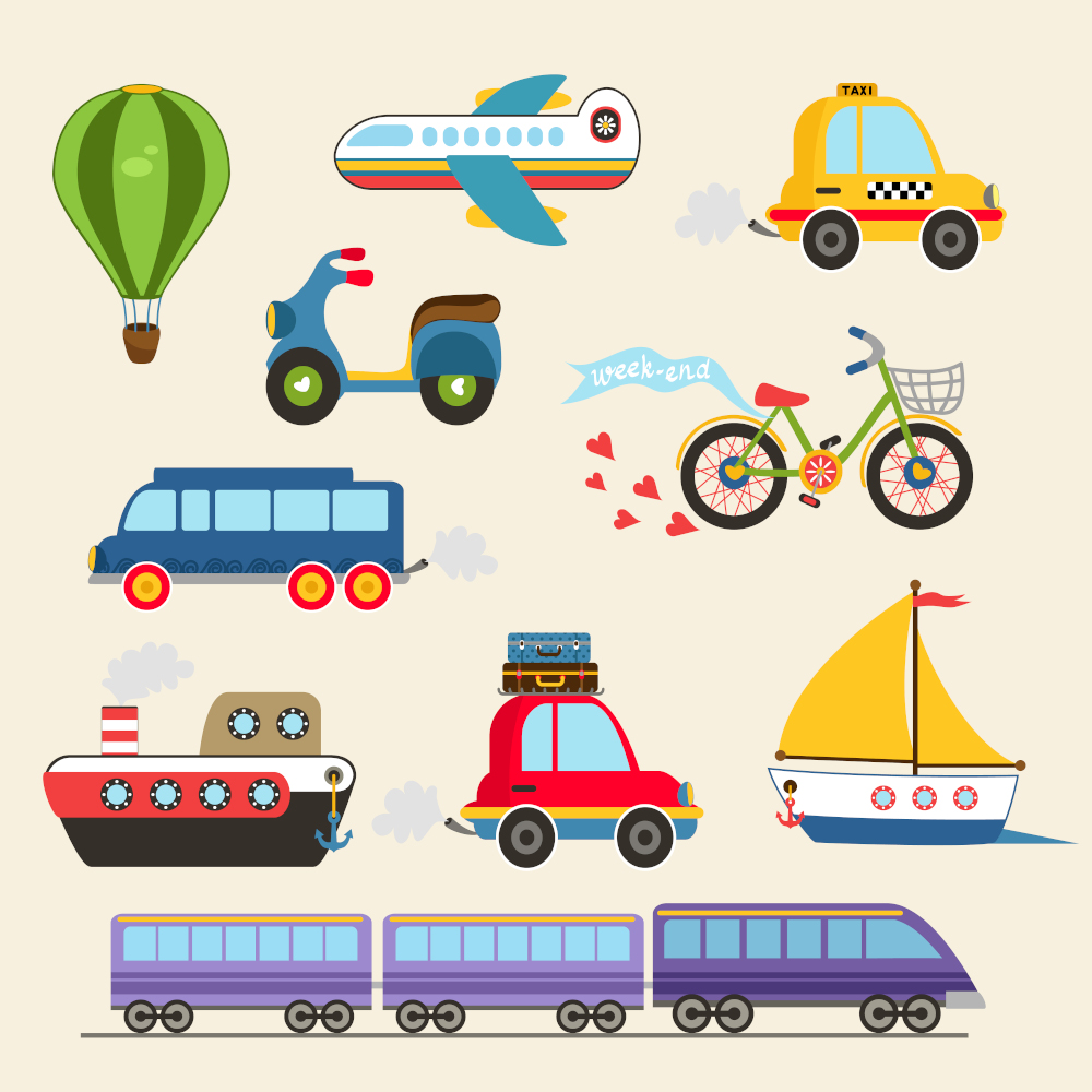 La imagen muestra varios vehículos diferentes, como un avión, motocicleta, barco, globo, etc