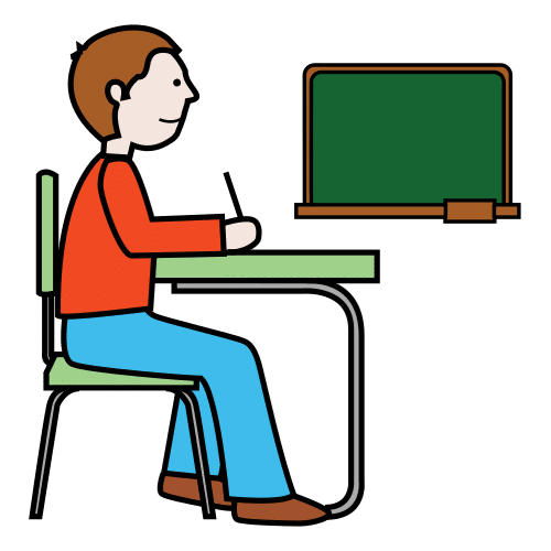 La imagen muestra un alumno sentado en su mesa escribiendo y una pizarra al fondo