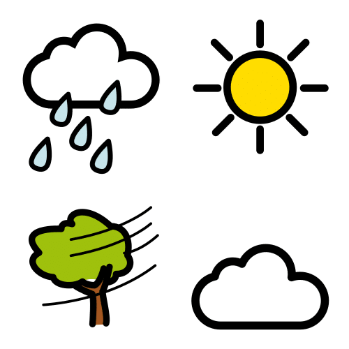 La imagen muestra una nube lloviendo, el sol, el viento dando en un árbol y una nube