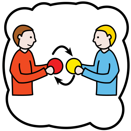 La imagen muestra dos niños cambiandose una pelota roja y otra amarilla