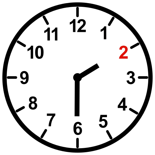 La imagen muestra un reloj con la aguja pequeña señalando el dos y la aguja grande en el seis. La aguja de los minutos anda 3 cuartos