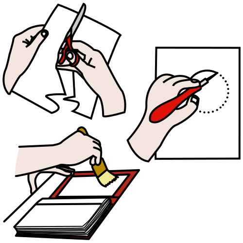 La imagen muestra una mano recortando, otra mano repasando un círculo y otra pasando una brocha a un papel