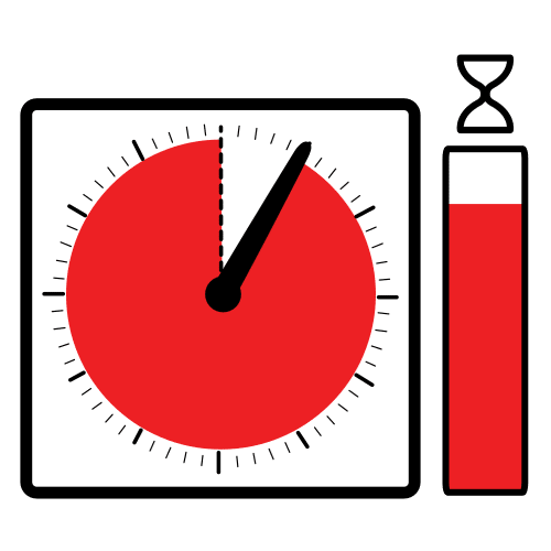 La imagen muestra un reloj con su interior coloreada casi entera y un rectángulo con un reloj de arena encima, también coloreado casi por completo, indicando el nivel de tiempo que queda