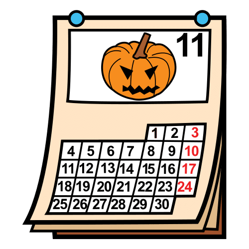 La imagen muestra un calendario con el dibujo de una calabaza de Halloween y el número 11