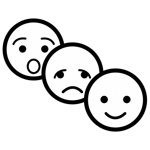 La imagen muestra tres caras, una sonriente, otra triste y una sorprendida con la boca abierta