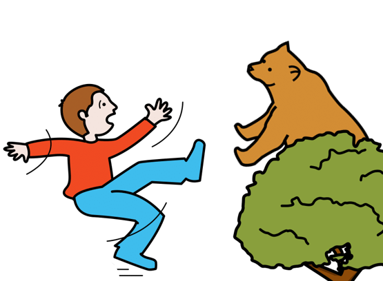 La imagen muestra un oso que aparece detrás de un árbol y un niño que se cae al verlo
