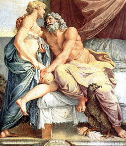 Zeus sentado en el trono abraza a su esposa Hera