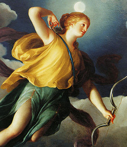 Ártemis representada de noche con el arco y las flechas