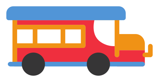 icono de un autobús escolar de color rojo y naranja con el tejado azul. El autobús tiene 3 grandes ventanas
