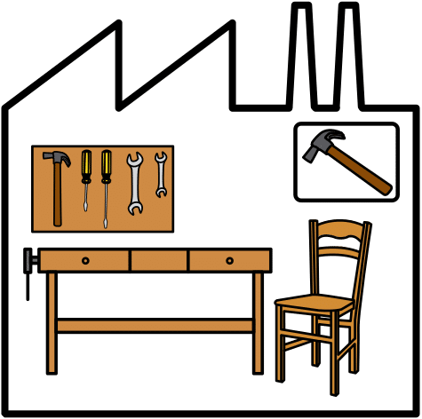 imagen en la que aparece la silueta de un taller con herramientas de carpintería en su interior colgadas: un martillo, dos llaves inglesas y dos destornilladores. Debajo hay una mesa de trabajo marrón de madera y a la derecha una silla marrón de madera