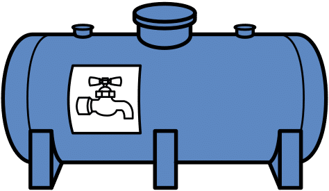 imagen donde aparece un depósito azul de agua con tres bocas de salida y un cartel blanco en el que está dibujado un grifo de agua