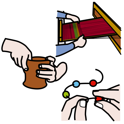 pictograma compuesto de tres imágenes: una persona usando un telar, una persona usando sus manos para moldear un vaso de barro y una persona fabricando una pulsera con perlas de colores.