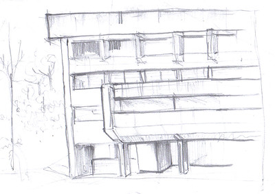 imagen del boceto de un edificio realizado con un lápiz sobre una hoja en blanco