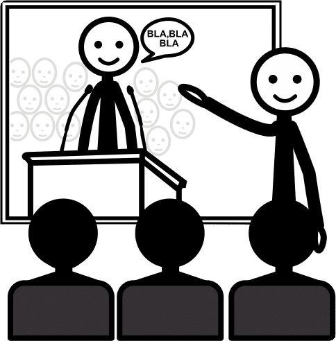 pictograma de una persona hablando en público delante de otras personas y apoyado por un docente