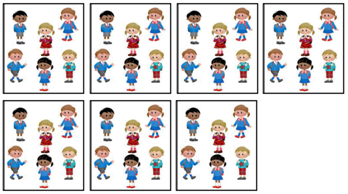 imagen que propone anotar en forma de fracción la representación de partes y total respeto a cromos de niños y niñas escolares