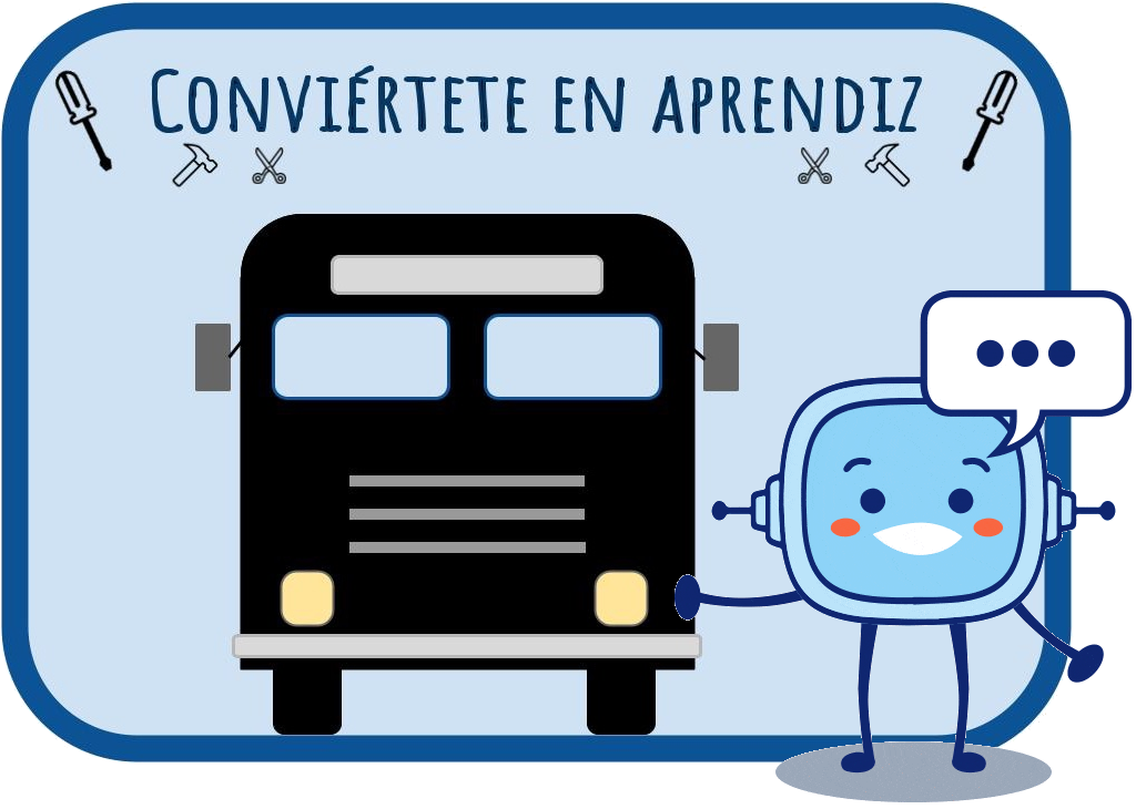 imagen del icono de un autobús escolar bajo el título 'Conviertéte en aprendiz' y sobre un fodo azul
