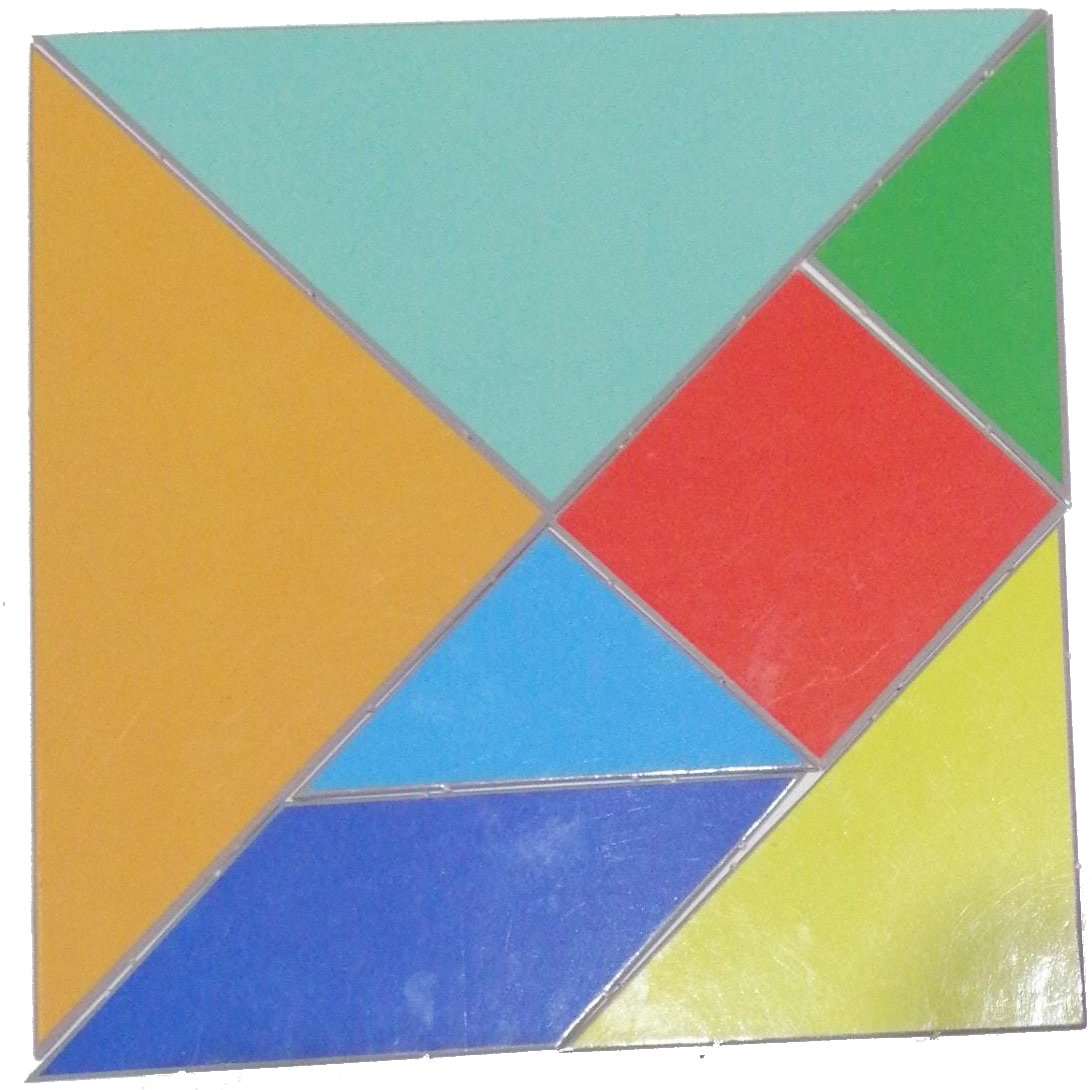 imagen en la que se muestra una fotografía de las piezas de un tangram, es decir: un romboide, un cuadrado y 5 triángulos de distintos tamaños. Las piezas son de colores diferentes, las hay: rojas, amarillas, azules, verdes y naranjas
