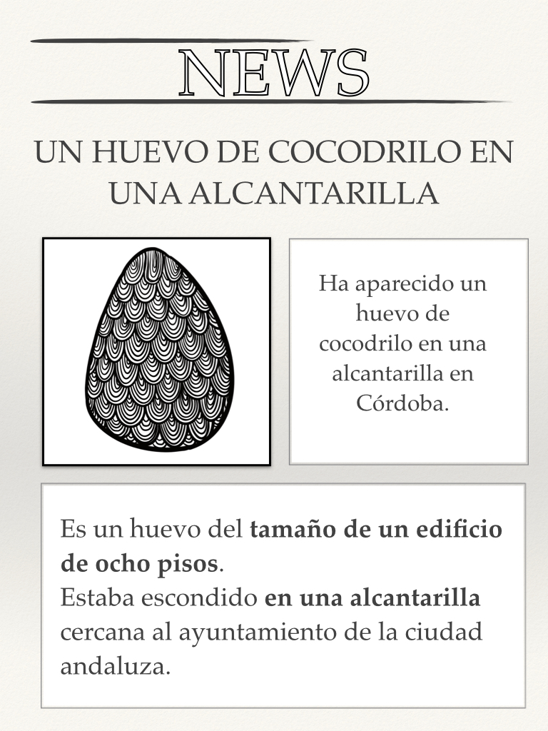 Una página de un periódico que tiene texto y un dibujo de un huevo. Está en blanco y negro. El anuncio describe la aparición de un huevo de cocodrilo en una alcantarilla.