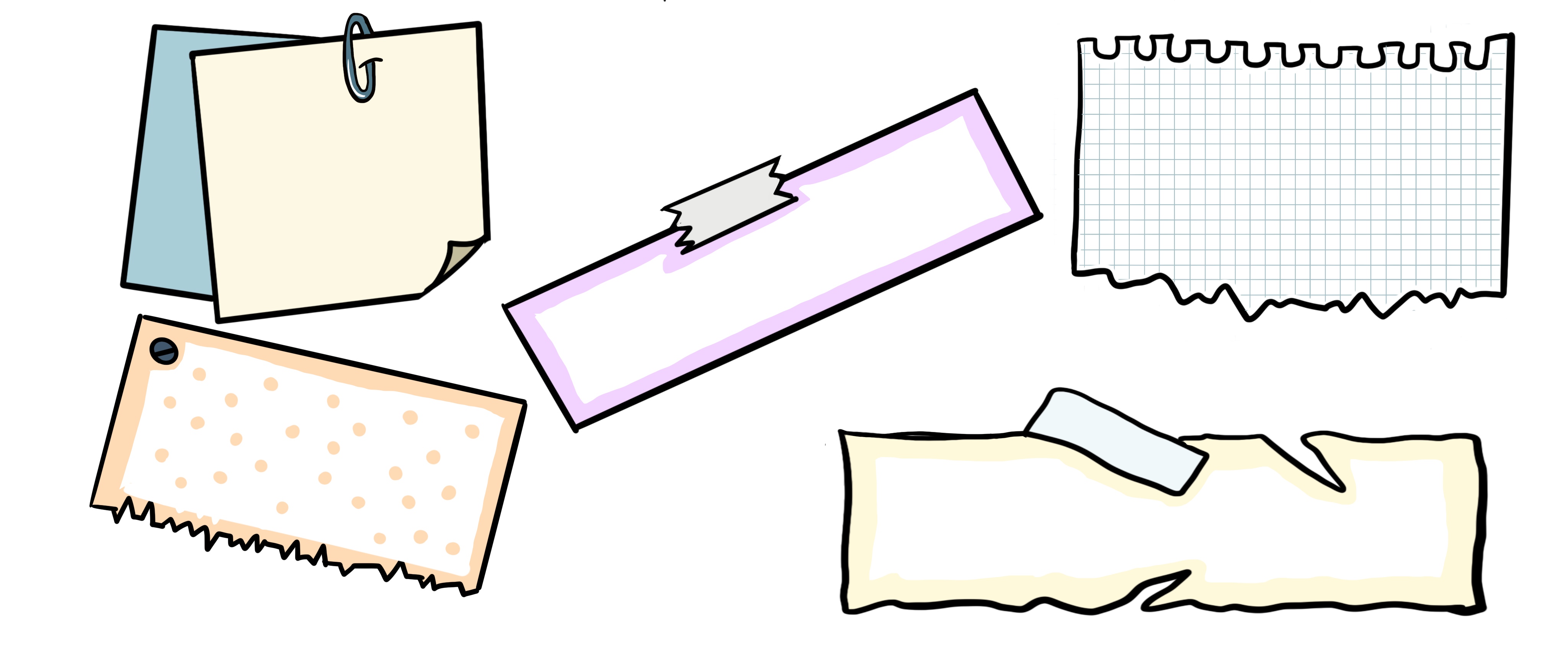 Aparecen fragmentos de papel, trozos de distintos colores y formas para anotar en ellos, alargados y cuadrados.