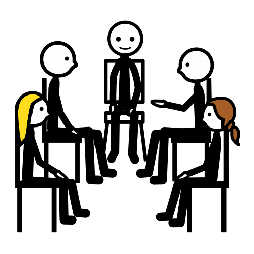 Dibujo que representa a un grupo de cinco personas sentados en semicirculo. 