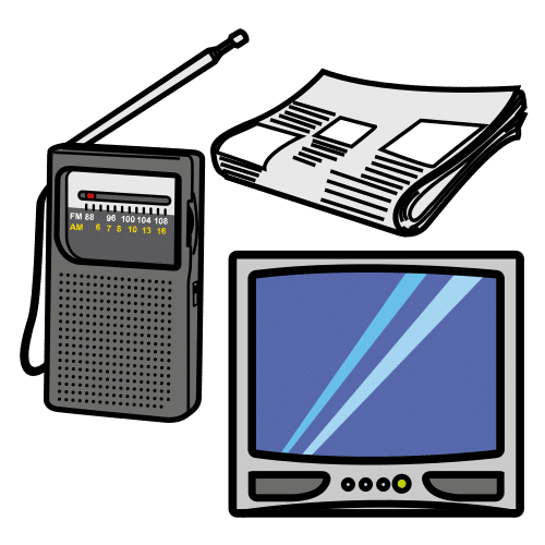 Imagen donde se ven una radio, un televisor y un periódico.