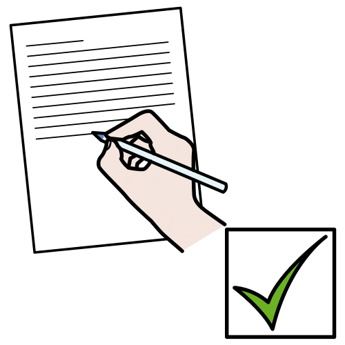 Imagen donde se ve una mano escribiendo sobre un folio y un tick verde abajo a la derecha. 