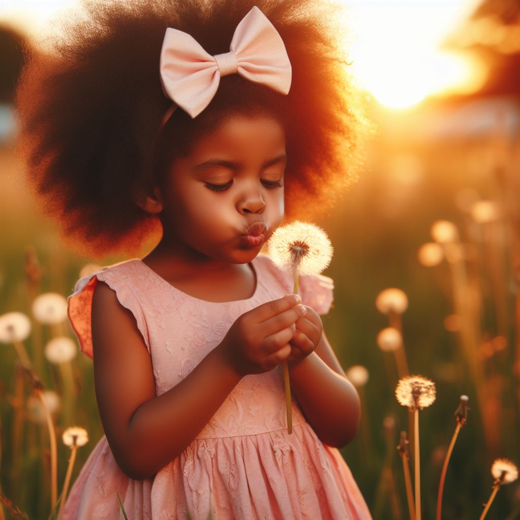 Exhalar aire. Imagen de una niña soplando a una flor.
