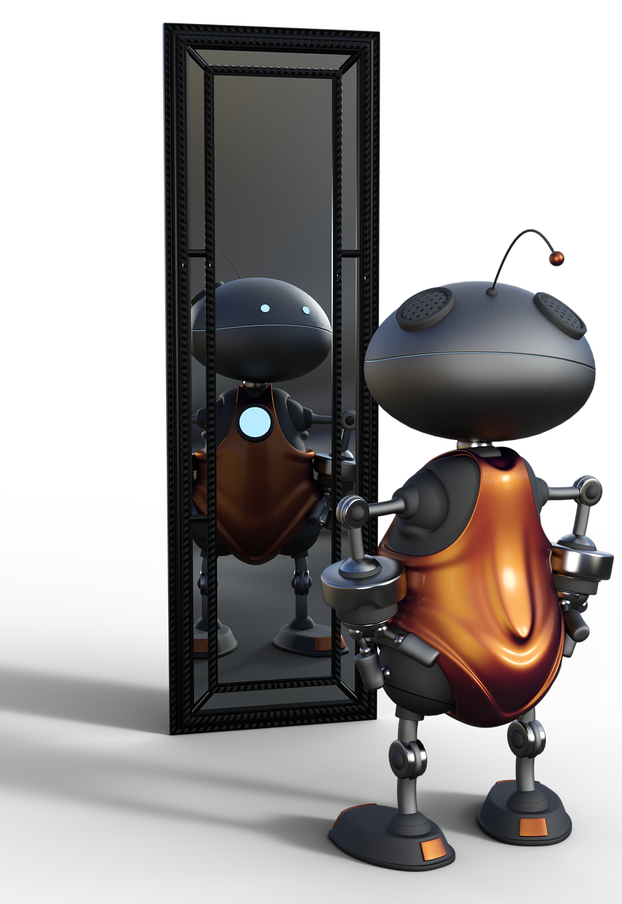 Imagen de un robot frente a un espejo.
